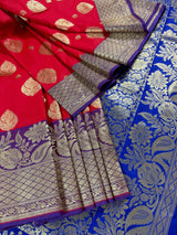 Red & Blue Banarasi saree in banarasi soft silk with small & big buttis with purple border — Kaash Collection