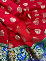 Red Color Saree with Green and blue color Combination Traditional Banarasi Handloom Saree in Banarasi Silk | Soft Silk Saree - Kaash
