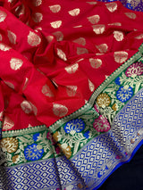 Red Color Saree with Green and blue color Combination Traditional Banarasi Handloom Saree in Banarasi Silk | Soft Silk Saree - Kaash