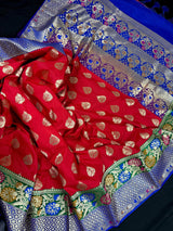 Red Color Saree with Green and blue color Combination Traditional Banarasi Handloom Saree in Banarasi Silk | Soft Silk Saree - Kaash
