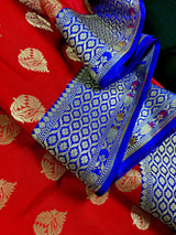 Red Color Saree with Green and blue color Combination Traditional Banarasi Handloom Saree in Banarasi Silk | Soft Silk Saree - Kaash