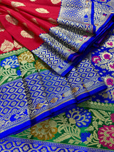 Red Color Saree with Green and blue color Combination Traditional Banarasi Handloom Saree in Banarasi Silk | Soft Silk Saree - Kaash