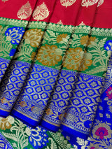 Red Color Saree with Green and blue color Combination Traditional Banarasi Handloom Saree in Banarasi Silk | Soft Silk Saree - Kaash