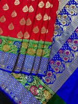 Red Color Saree with Green and blue color Combination Traditional Banarasi Handloom Saree in Banarasi Silk | Soft Silk Saree - Kaash