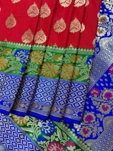 Red Color Saree with Green and blue color Combination Traditional Banarasi Handloom Saree in Banarasi Silk | Soft Silk Saree - Kaash