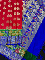 Red Color Saree with Green and blue color Combination Traditional Banarasi Handloom Saree in Banarasi Silk | Soft Silk Saree - Kaash