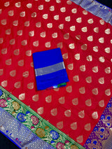 Red Color Saree with Green and blue color Combination Traditional Banarasi Handloom Saree in Banarasi Silk | Soft Silk Saree - Kaash