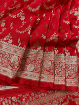 Red Banarasi saree in banarasi semi pure mashru with muted gold zari with banarasi border & pallu — Kaash Collection