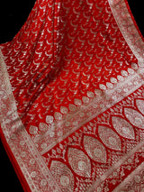 Red Banarasi saree in banarasi semi pure mashru with muted gold zari with banarasi border & pallu — Kaash Collection