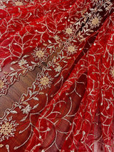 Red soft net dupatta with heavy embroidery, pearl & zari — Kaash Collection