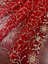 Red soft net dupatta with heavy embroidery, pearl & zari — Kaash Collection