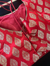 Red Color Stitched Blouse with Gold Buttis in Pure Banarasi - Kaash