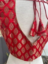 Red Color Stitched Blouse with Gold Buttis in Pure Banarasi - Kaash