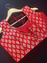 Red Color Stitched Blouse with Gold Buttis in Pure Banarasi - Kaash