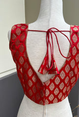 Red Color Stitched Blouse with Gold Buttis in Pure Banarasi - Kaash