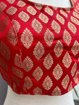 Red Color Stitched Blouse with Gold Buttis in Pure Banarasi - Kaash