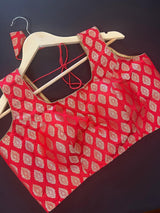 Red Color Stitched Blouse with Gold Buttis in Pure Banarasi - Kaash