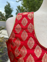 Red Color Stitched Blouse with Gold Buttis in Pure Banarasi | Readymade Blouse | Red Color Stitched Blouse | Ready to Wear Banarasi Blouse - Kaash