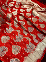 Red Tanchoi Banarasi saree in banarasi silk with banarasi tanchoi handweaving — Kaash Collection