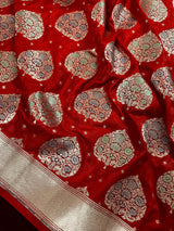 Red Color Traditional Banarasi Tanchoi Handloom Silk Saree | Tree Pattern Buttas with small zari buttis and Tanchoi Weave | Banarasi Saree - Kaash