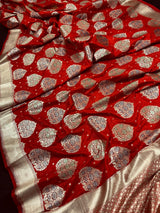 Red Color Traditional Banarasi Tanchoi Handloom Silk Saree | Tree Pattern Buttas with small zari buttis and Tanchoi Weave | Banarasi Saree - Kaash