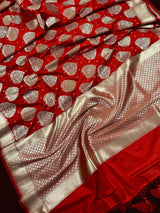 Red Color Traditional Banarasi Tanchoi Handloom Silk Saree | Tree Pattern Buttas with small zari buttis and Tanchoi Weave | Banarasi Saree - Kaash