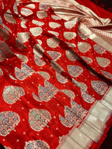 Red Color Traditional Banarasi Tanchoi Handloom Silk Saree | Tree Pattern Buttas with small zari buttis and Tanchoi Weave | Banarasi Saree - Kaash