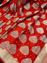 Red Color Traditional Banarasi Tanchoi Handloom Silk Saree | Tree Pattern Buttas with small zari buttis and Tanchoi Weave | Banarasi Saree - Kaash