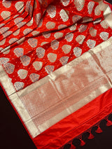 Red Color Traditional Banarasi Tanchoi Handloom Silk Saree | Tree Pattern Buttas with small zari buttis and Tanchoi Weave | Banarasi Saree - Kaash