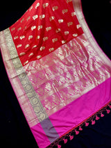 Red Handloom Banarasi Silk Saree with Pink border and Pallu with Floral Buttas - Kaash