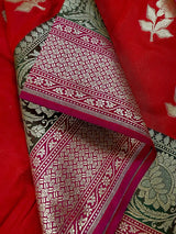 Red Handloom Banarasi Silk Saree with Pink border and Pallu with Floral Buttas - Kaash