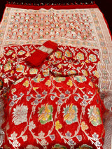 Red Pure Georgette Silk Saree with Water Zari | Meenakari and Hand Brush Paint | Floral Jaal Saree | SILK MARK CERTIFIED - Kaash