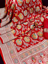 Red Pure Georgette Silk Saree with Water Zari | Meenakari and Hand Brush Paint | Floral Jaal Saree | SILK MARK CERTIFIED - Kaash