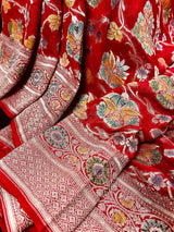 Red Pure Georgette Silk Saree with Water Zari | Meenakari and Hand Brush Paint | Floral Jaal Saree | SILK MARK CERTIFIED - Kaash