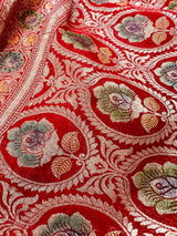 Red Pure Georgette Silk Saree with Water Zari | Meenakari and Hand Brush Paint | Floral Jaal Saree | SILK MARK CERTIFIED - Kaash