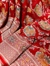 Red Pure Georgette Silk Saree with Water Zari | Meenakari and Hand Brush Paint | Floral Jaal Saree | SILK MARK CERTIFIED - Kaash