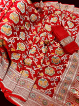 Red Pure Georgette Silk Saree with Water Zari | Meenakari and Hand Brush Paint | Floral Jaal Saree | SILK MARK CERTIFIED - Kaash