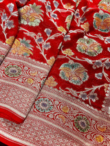 Red Pure Georgette Silk Saree with Water Zari | Meenakari and Hand Brush Paint | Floral Jaal Saree | SILK MARK CERTIFIED - Kaash