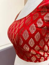 Red Readymade Blouse with Gold Buttis in Pure Banarasi Silk - Kaash