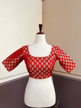 Red Readymade Blouse with Gold Buttis in Pure Banarasi Silk - Kaash