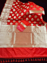 Red Traditional Banarasi Handloom Saree in Banarasi Silk with Gold Zari Weaving - Gold Zari Buttas - Grand Pallu - Kaash