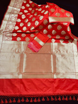 Red Traditional Banarasi Handloom Saree in Banarasi Silk with Gold Zari Weaving - Gold Zari Buttas - Grand Pallu - Kaash