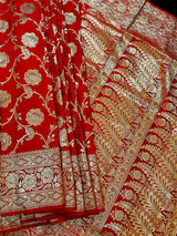Red Traditional Banarasi Silk Saree with Gold Zari Weave - Kaash
