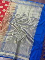 Red with Purple & Blue Pallu Banarasi saree in banarasi silk with muted gold buttas with 7.5" purple border — Kaash Collection