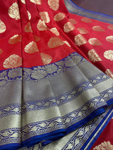 Red with Purple & Blue Pallu Banarasi saree in banarasi silk with muted gold buttas with 7.5" purple border — Kaash Collection