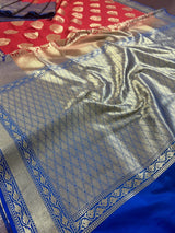 Red with Purple & Blue Pallu Banarasi saree in banarasi silk with muted gold buttas with 7.5" purple border — Kaash Collection