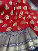 Red with Purple & Blue Pallu Banarasi saree in banarasi silk with muted gold buttas with 7.5" purple border — Kaash Collection