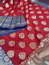 Red with Purple & Blue Pallu Banarasi saree in banarasi silk with muted gold buttas with 7.5" purple border — Kaash Collection