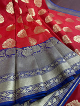 Red with Blue color combination Traditional Satin Border Banarasi Handloom Soft Silk Saree | Silk Sarees - Kaash