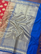 Red with Blue color combination Traditional Satin Border Banarasi Handloom Soft Silk Saree | Silk Sarees - Kaash